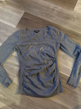 Guess Gray Long Sleeve Scoop Neck Top with Crystal Logo